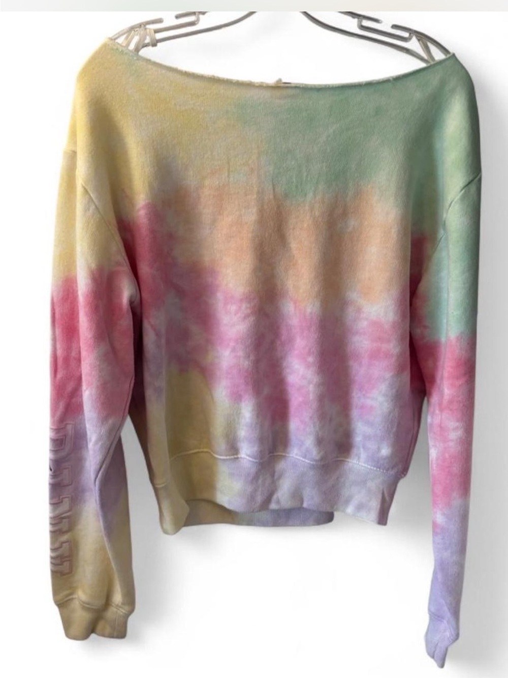 PINK Victoria's Secret Pastel Tie-Dye Off the Shoulder Cutoff Cropped Sweatshirt - Picture 3 of 5